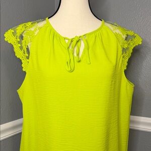Adrianna Papell Neon Green Lace Accent Blouse
